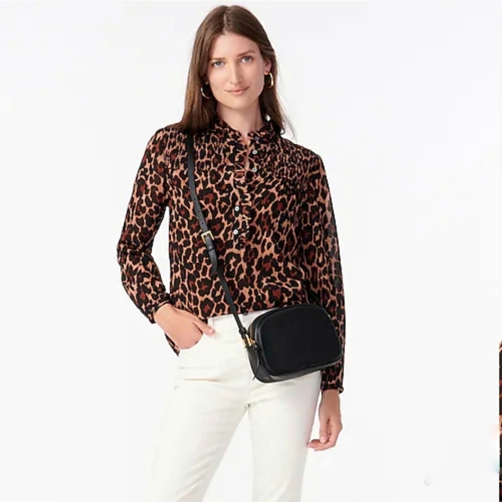 J. Crew Smocked Popover Top Leopard Chiffon, small
